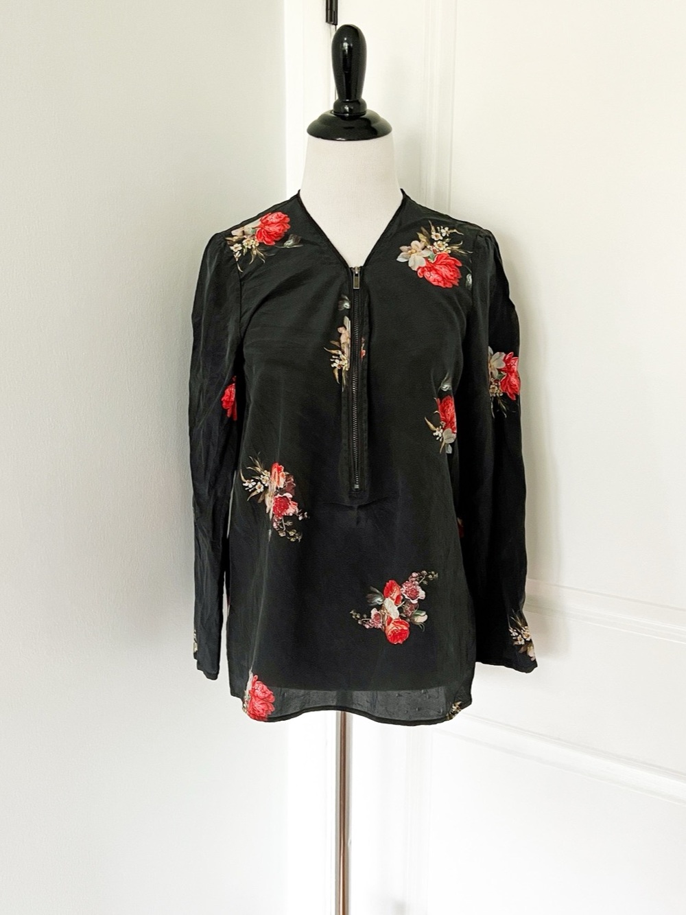 The Kooples Silk Floral Blouse in Black & Red Size 3